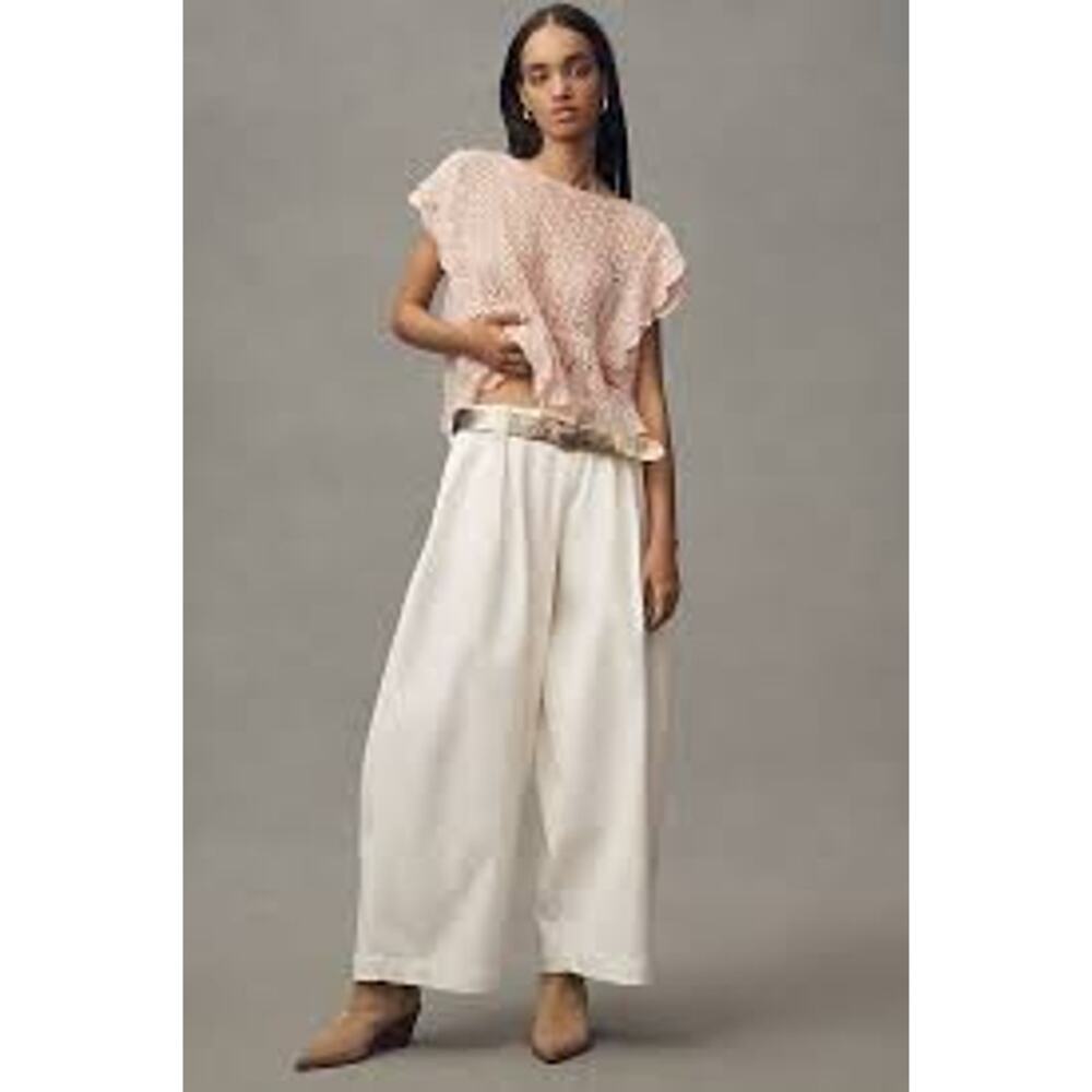 By ANTHROPOLOGIE Flutter Sleeve Pointelle Cashmere Top FEMININE PINK COZY Size M - Picture 7 of 7